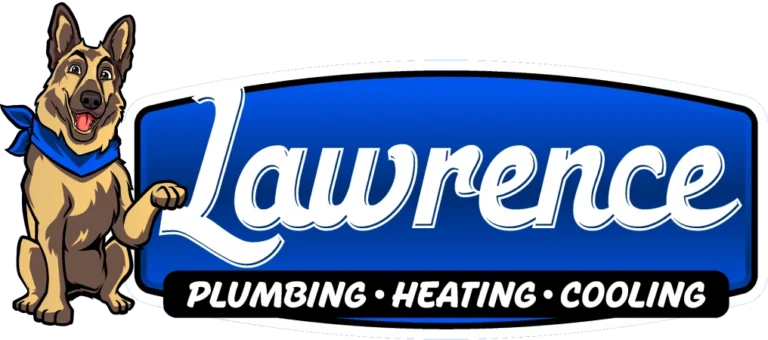 Logo for Lawrence Plumbing, Heating, and Cooling featuring a cartoon German Shepherd dog wearing a blue bandana, with bold text on a blue background.