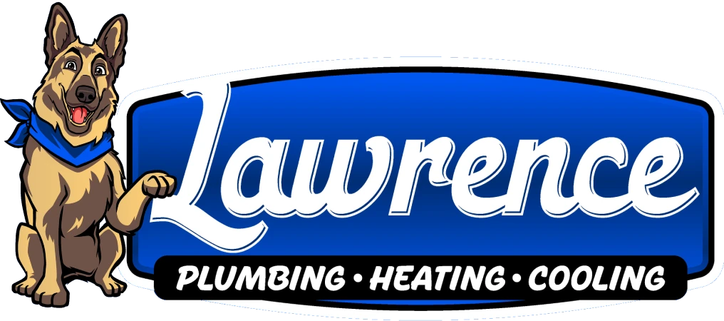 Logo for Lawrence Plumbing, Heating, and Cooling featuring a cartoon German Shepherd dog wearing a blue bandana, with bold text on a blue background.