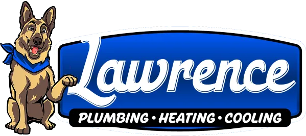 Cartoon German Shepherd Wearing A Blue Bandana Sits Beside A Blue Sign Reading &Quot;Lawrence Plumbing • Heating • Cooling&Quot; In White, Bold Letters, Welcoming You To Our About Us Page.