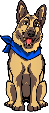 Cartoon illustration of a happy German Shepherd dog sitting and wearing a blue bandana, facing forward with tongue out.
