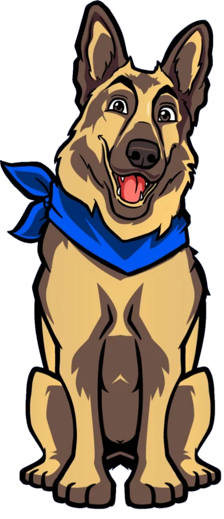 Cartoon German Shepherd dog sitting, wearing a blue bandana, facing forward with an open mouth and friendly expression.