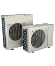 Two rectangular outdoor air conditioning units with metal grilles are shown side by side against a plain background.