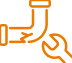 Orange line drawing of a wrench next to a bent pipe, representing plumbing or pipe repair on a white background.