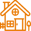 Orange outline icon of a house with a round window, door, two square windows, a tree, and a section of fence on the left.