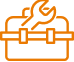 Orange outline icon of a toolbox with a wrench on top, viewed from the front.