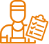 Orange icon of a person wearing a cap and apron holding a clipboard with a checklist.