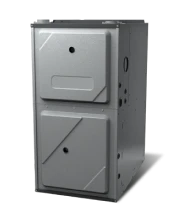 A gray metal furnace unit with two access panels on the front, displayed against a plain light background.