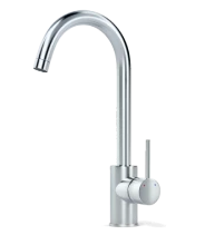 A modern, silver kitchen faucet with a high-arched spout and a single lever handle, set against a plain white background.