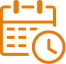 Orange outline of a calendar with a clock in front, symbolizing scheduling or an appointment.